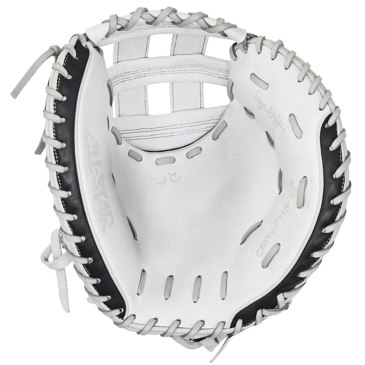 The All Star PHX 33″ Paige Halstead Fastpitch Catcher’s Mitt (CMW-PHX-33) by All Star is a white and black leather catcher’s mitt, showcasing visible stitching and laces with the inside palm area and rich leather texture clearly displayed against a white background. It features an adjustable pocket system designed for a custom travel ball fit.