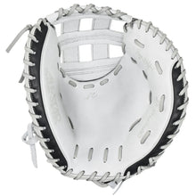 The All Star PHX 33″ Paige Halstead Fastpitch Catcher’s Mitt (CMW-PHX-33) by All Star is a white and black leather catcher’s mitt, showcasing visible stitching and laces with the inside palm area and rich leather texture clearly displayed against a white background. It features an adjustable pocket system designed for a custom travel ball fit.