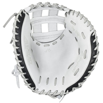 The All Star PHX 33″ Paige Halstead Fastpitch Catcher’s Mitt (CMW-PHX-33) by All Star is a white and black leather catcher’s mitt, showcasing visible stitching and laces with the inside palm area and rich leather texture clearly displayed against a white background. It features an adjustable pocket system designed for a custom travel ball fit.
