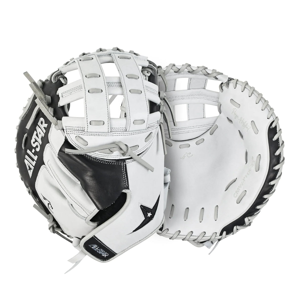 Two All Star PHX 33″ Paige Halstead Fastpitch Catcher’s Mitts are shown in white and black, one displayed open and the other closed, with the All Star branding visible on the thumb area. Featuring an adjustable pocket system for a customized travel ball fit, these catcher’s mitts have lacing along the edges and distinct interior padding.
