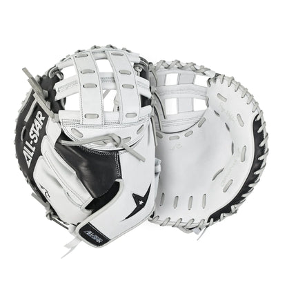 Two All Star PHX 33″ Paige Halstead Fastpitch Catcher’s Mitts are shown in white and black, one displayed open and the other closed, with the All Star branding visible on the thumb area. Featuring an adjustable pocket system for a customized travel ball fit, these catcher’s mitts have lacing along the edges and distinct interior padding.