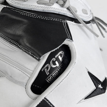 Close-up of the All Star PHX 33″ Paige Halstead Fastpitch Catcher’s Mitt (CMW-PHX-33) in a white and black colorway, with the All Star logo visible inside alongside part of a star-shaped design and gray laces. This mitt features an adjustable pocket system for a customized fit, making it perfect for travel ball and also ideal as a softball catchers mitt.