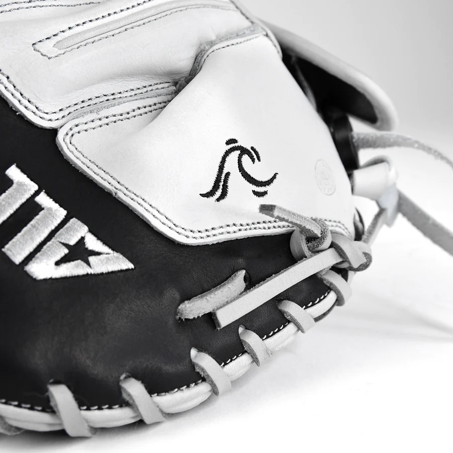 A close-up of the All Star PHX 34" Paige Halstead GM Fastpitch Catcher's Mitt (CMW-PHX-34), crafted from premium leather and featuring an adjustable pocket system.