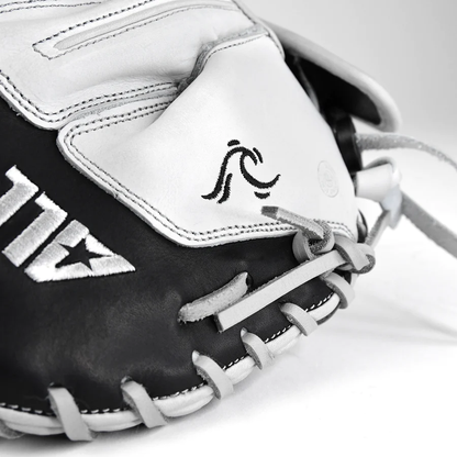 A close-up of the All Star PHX 34" Paige Halstead GM Fastpitch Catcher's Mitt (CMW-PHX-34), crafted from premium leather and featuring an adjustable pocket system.