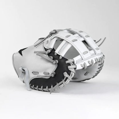 The All Star PHX 34" Paige Halstead GM Fastpitch Catcher's Mitt (CMW-PHX-34) is a white and gray glove with black accents, crafted from premium leather and featuring visible stitching and lacing, shown upright on a plain white background.