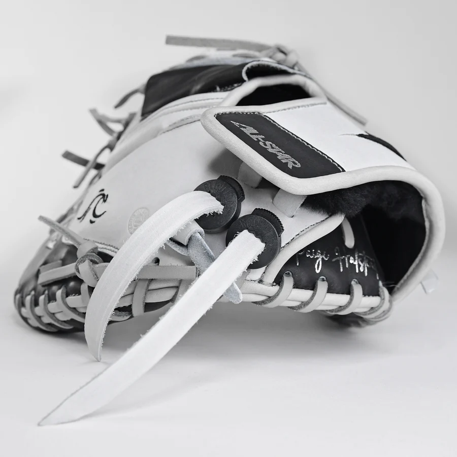 A close-up of the All Star PHX 34" Paige Halstead GM Fastpitch Catcher's Mitt (CMW-PHX-34) showcases the brand's fine craftsmanship and premium quality.