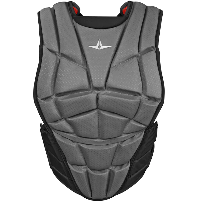 The All Star AFx Fastpitch Catcher's Chest Protector (CPW-AFX) is a gray, padded women’s chest protector with black sides, a white top-center logo, contoured fit, geometric design, and adjustable straps—ideal for serious softball players.