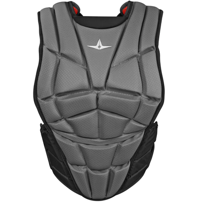 The All Star AFx Fastpitch Catcher's Chest Protector (CPW-AFX) is a gray, padded women’s chest protector with black sides, a white top-center logo, contoured fit, geometric design, and adjustable straps—ideal for serious softball players.