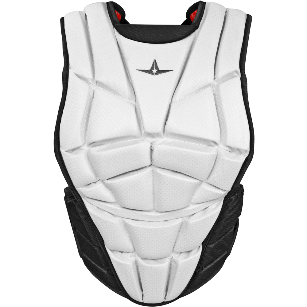 The All Star AFx Fastpitch Catcher's Chest Protector (CPW-AFX) features a contoured black and white design with angular segments and a small center logo, providing top sports safety and impact protection—ideal for softball.
