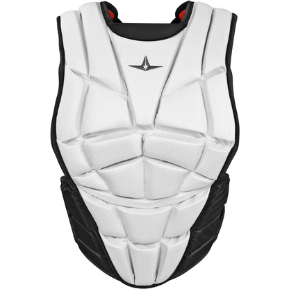 The All Star AFx Fastpitch Catcher's Chest Protector (CPW-AFX) features a contoured black and white design with angular segments and a small center logo, providing top sports safety and impact protection—ideal for softball.
