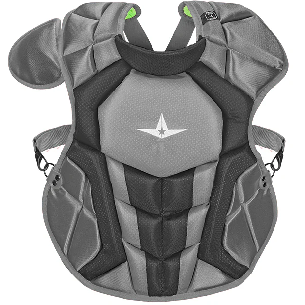 The All Star System7 Axis Catcher's Chest Protector (CPCC912S7X / CPCC1216S7X / CPCC40PRO) features gray and black padding, shoulder and side straps, a white star logo, and meets NOCSAE safety standards for superior upper body protection.