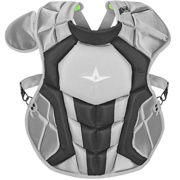 The All Star System7 Axis Catcher's Chest Protector (CPCC912S7X / CPCC1216S7X / CPCC40PRO) features gray and black padding, shoulder guards, adjustable side straps, sports protection design, and meets NOCSAE standards.