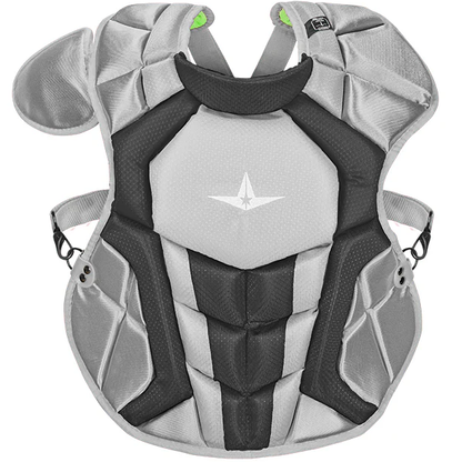 The All Star System7 Axis Catcher's Chest Protector (CPCC912S7X / CPCC1216S7X / CPCC40PRO) features gray and black padding, shoulder guards, adjustable side straps, sports protection design, and meets NOCSAE standards.