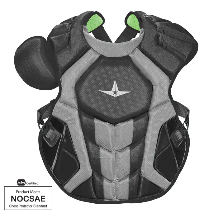 The All Star System7 Axis Catcher's Kit (CKCC912S7X / CKCC1216S7X) features a black/gray padded chest protector with shoulder and sternum guards, adjustable straps, center white star logo, and NOCSAE chest protector certification.