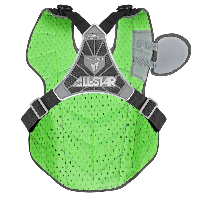 The All Star MVP Pro Catcher's Chest Protector: CPCC-5 features a green and black design, adjustable shoulder and waist straps, padded mesh, a circular right-side padded flap, and is SEI Certified to meet NOCSAE safety standards.