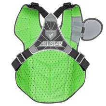 The All Star MVP Pro Catcher's Chest Protector: CPCC-5 features a green and black design, adjustable shoulder and waist straps, padded mesh, a circular right-side padded flap, and is SEI Certified to meet NOCSAE safety standards.