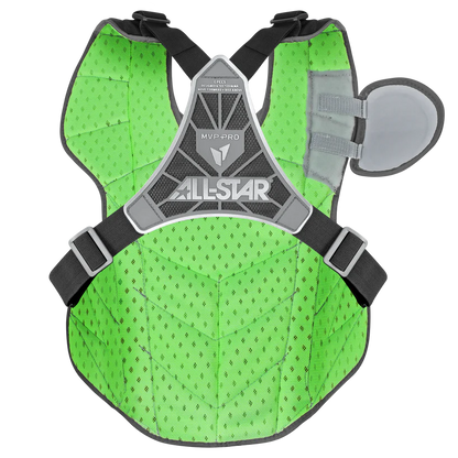 The All Star MVP Pro Catcher's Chest Protector: CPCC-5 features a green and black design, adjustable shoulder and waist straps, padded mesh, a circular right-side padded flap, and is SEI Certified to meet NOCSAE safety standards.