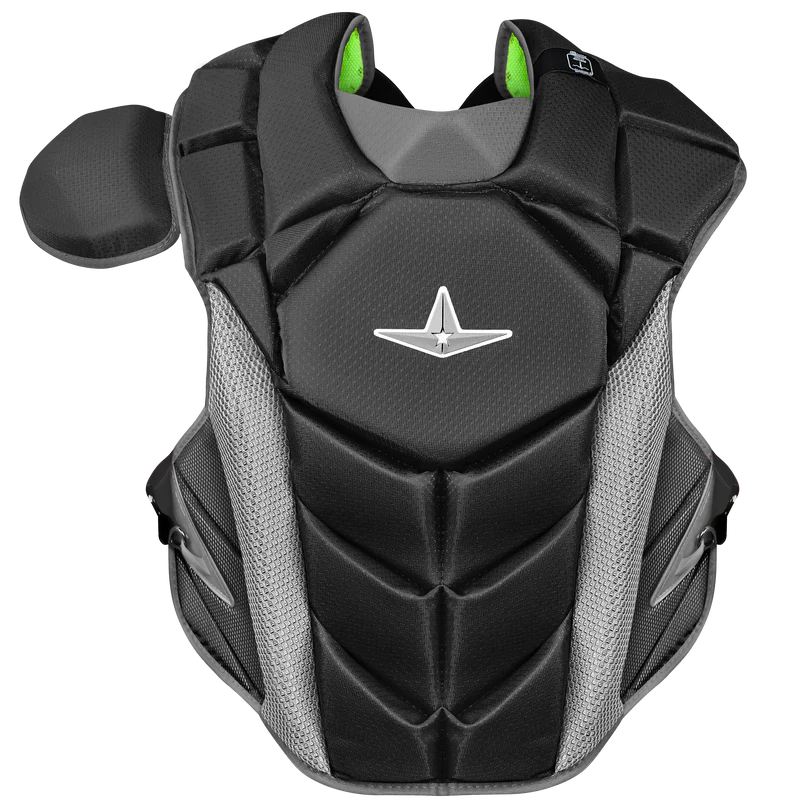 The All Star MVP Pro Catcher's Chest Protector: CPCC-5, in black and gray with a shoulder guard and mesh side panels, is SEI Certified to meet NOCSAE standards for sports protection and is shown on a white background.