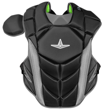 The All Star MVP Pro Catcher's Chest Protector: CPCC-5, in black and gray with a shoulder guard and mesh side panels, is SEI Certified to meet NOCSAE standards for sports protection and is shown on a white background.
