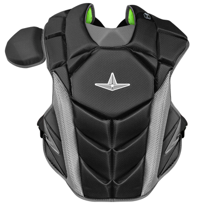 The All Star MVP Pro Catcher's Chest Protector: CPCC-5, in black and gray with a shoulder guard and mesh side panels, is SEI Certified to meet NOCSAE standards for sports protection and is shown on a white background.