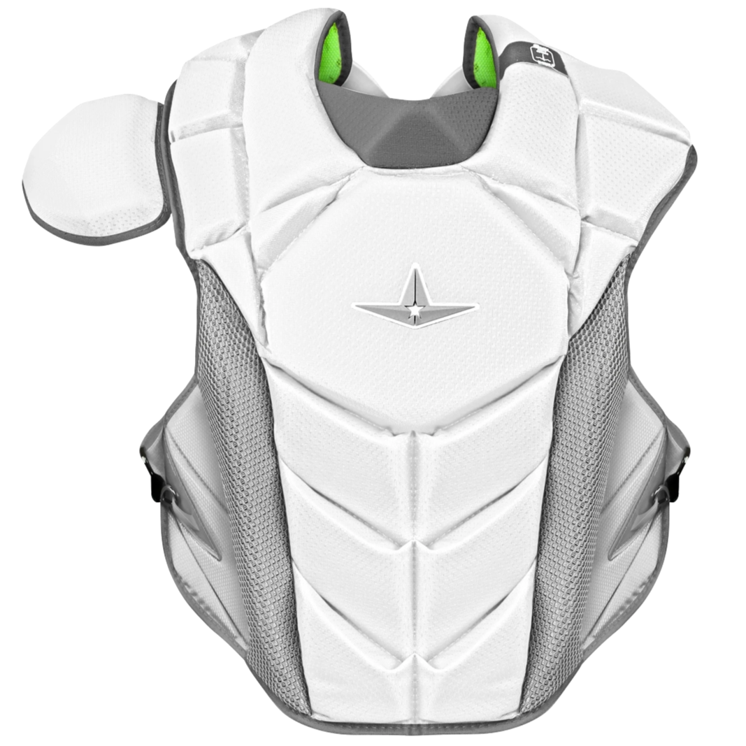 The All Star MVP Pro Catcher’s Chest Protector: CPCC-5 is a white and gray chest protector with mesh sides, a left shoulder pad, and a silver emblem, SEI Certified to NOCSAE for baseball or softball.