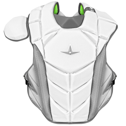 The All Star MVP Pro Catcher’s Chest Protector: CPCC-5 is a white and gray chest protector with mesh sides, a left shoulder pad, and a silver emblem, SEI Certified to NOCSAE for baseball or softball.