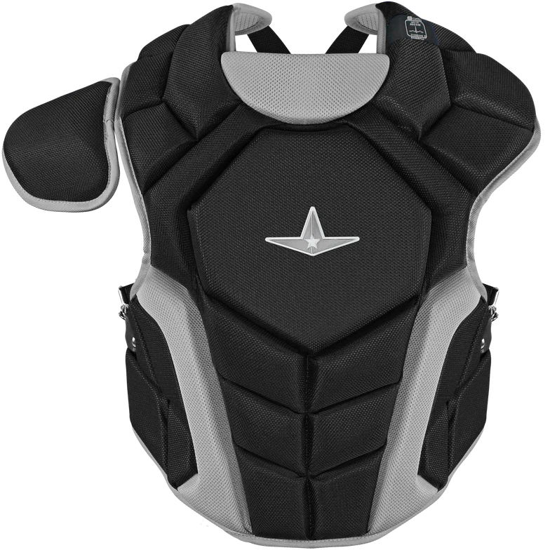 The All Star Top Star Catcher's Chest Protector: CPCC-TS by All Star is a black and grey chest protector for travel ball catchers that meets NOCSAE standard safety requirements.