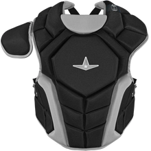The All Star Top Star Catcher's Chest Protector: CPCC-TS by All Star is a black and grey chest protector for travel ball catchers that meets NOCSAE standard safety requirements.