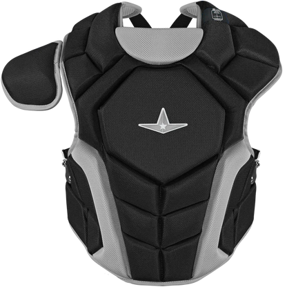 The All Star Top Star Catcher's Chest Protector: CPCC-TS by All Star is a black and grey chest protector for travel ball catchers that meets NOCSAE standard safety requirements.