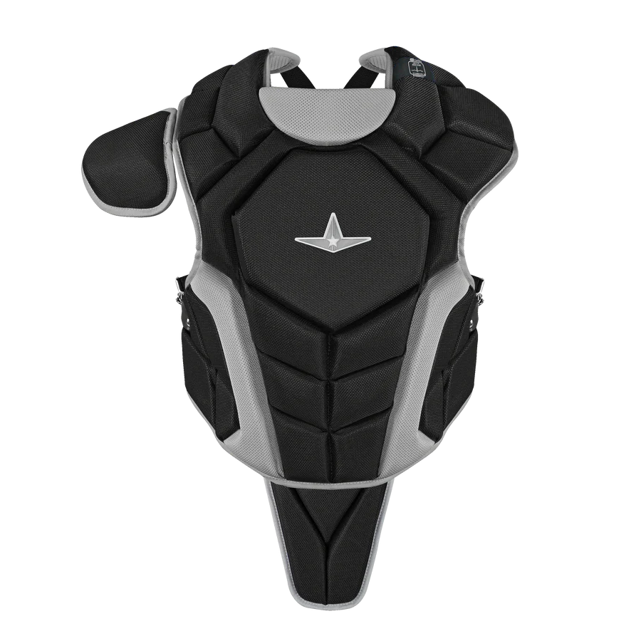 The All Star Top Star Catcher's Chest Protector: CPCC-TS by All Star is a black and gray NOCSAE-certified protector with shoulder guard, geometric pattern, and central star emblem, perfect for sports safety and travel ball catchers.