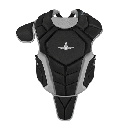 The All Star Top Star Catcher's Chest Protector: CPCC-TS by All Star is a black and gray NOCSAE-certified protector with shoulder guard, geometric pattern, and central star emblem, perfect for sports safety and travel ball catchers.