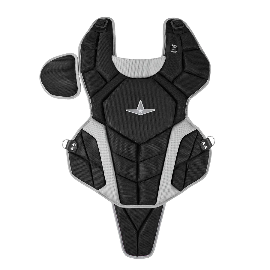 The All Star Top Star Catcher's Chest Protector (CPCC-TS) by All Star features black and gray padding, an angular design, shoulder and side straps, and a center shield emblem. Perfect for travel ball catchers; shown laid flat on a white background.