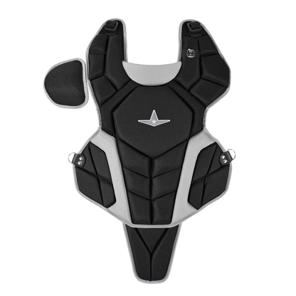 The All Star Top Star Catcher's Chest Protector (CPCC-TS) by All Star features black and gray padding, an angular design, shoulder and side straps, and a center shield emblem. Perfect for travel ball catchers; shown laid flat on a white background.