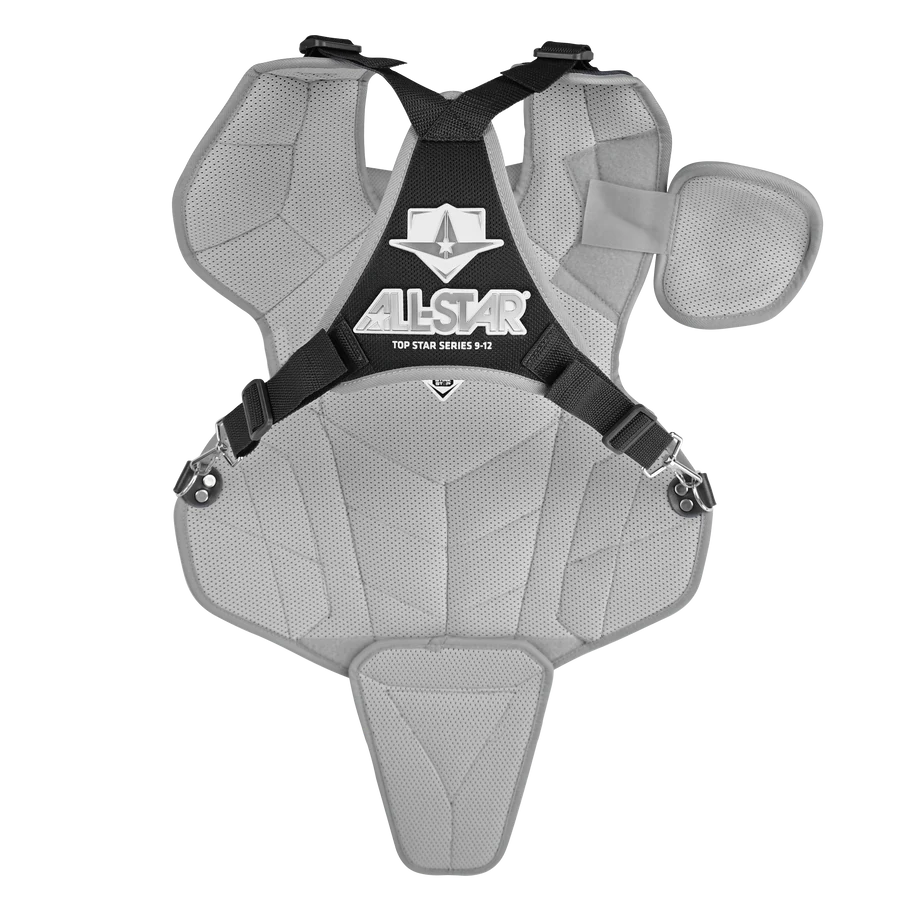 The All Star Top Star Catcher's Chest Protector: CPCC-TS features padded shoulder, chest, and groin protection with black straps. It meets the NOCSAE standard—ideal for baseball or softball travel ball catchers.