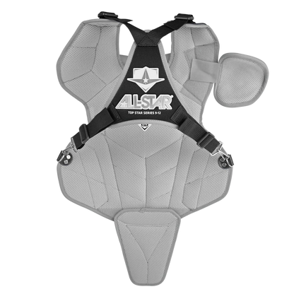 The All Star Top Star Catcher's Chest Protector: CPCC-TS features padded shoulder, chest, and groin protection with black straps. It meets the NOCSAE standard—ideal for baseball or softball travel ball catchers.