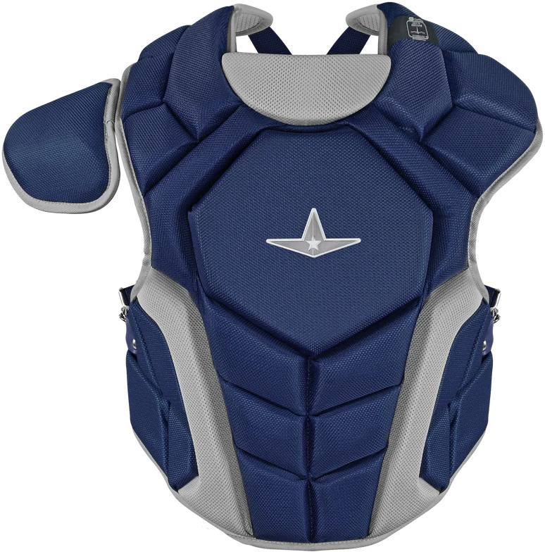 The All Star Top Star Catcher's Chest Protector: CPCC-TS by All Star is a navy blue and gray chest protector with a left shoulder guard, white star logo, and meets NOCSAE safety standards—ideal for travel ball catchers.