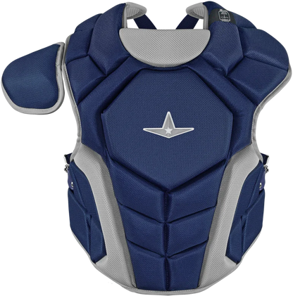The All Star Top Star Catcher's Chest Protector: CPCC-TS by All Star is a navy blue and gray chest protector with a left shoulder guard, white star logo, and meets NOCSAE safety standards—ideal for travel ball catchers.