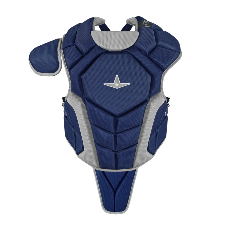 The All Star Top Star Catcher's Chest Protector (CPCC-TS) by All Star features navy blue and gray colors, shoulder padding, a central star logo, and meets NOCSAE standards for travel ball catchers; shown on a white background.