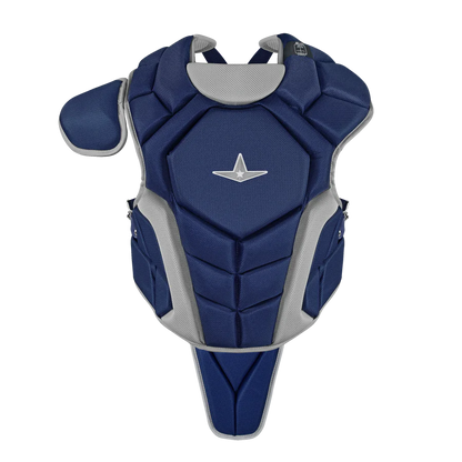 The All Star Top Star Catcher's Chest Protector (CPCC-TS) by All Star features navy blue and gray colors, shoulder padding, a central star logo, and meets NOCSAE standards for travel ball catchers; shown on a white background.