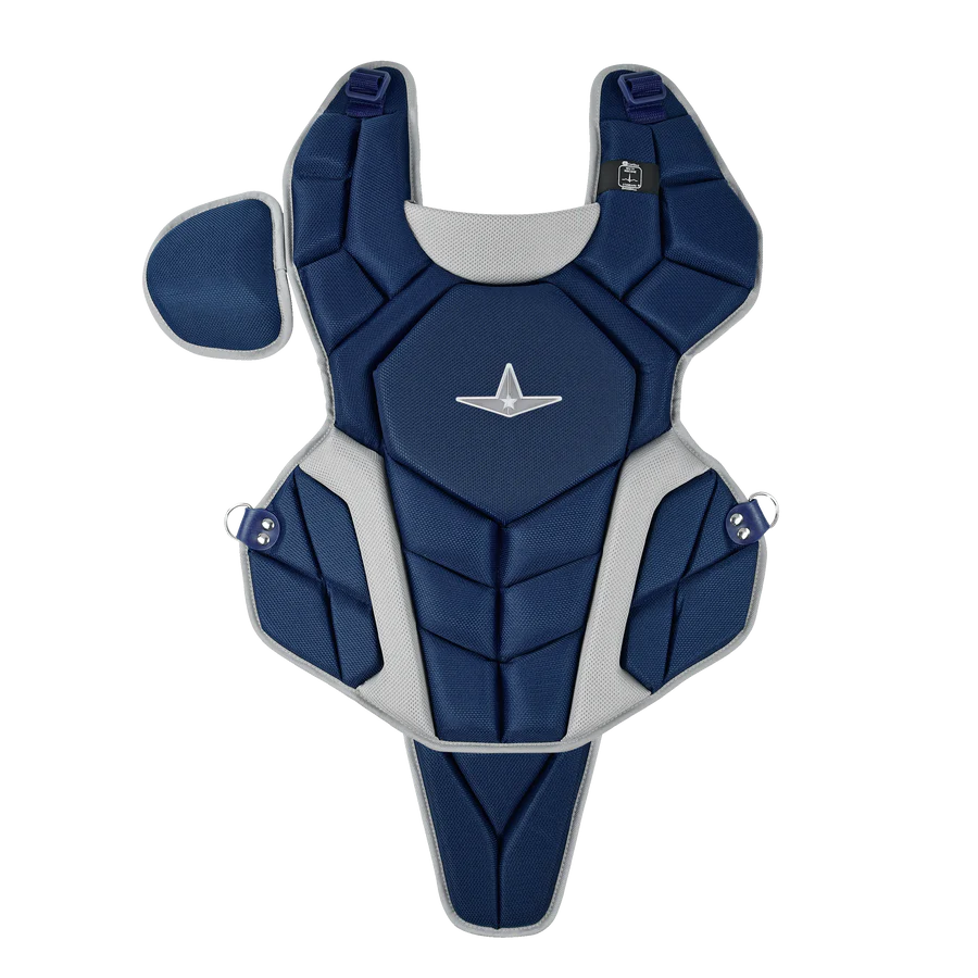 The All Star Top Star Catcher's Chest Protector (CPCC-TS) by All Star features blue/gray padding, angular paneling, silver accents, a central embroidered logo, and meets NOCSAE standard for baseball or softball travel ball catchers.