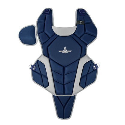 The All Star Top Star Catcher's Chest Protector (CPCC-TS) by All Star features blue/gray padding, angular paneling, silver accents, a central embroidered logo, and meets NOCSAE standard for baseball or softball travel ball catchers.