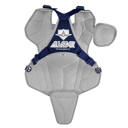 The All Star Top Star Catcher's Chest Protector: CPCC-TS meets NOCSAE standards and offers padded sections, adjustable straps, plus full shoulder and abdomen protection—ideal for travel ball catchers.
