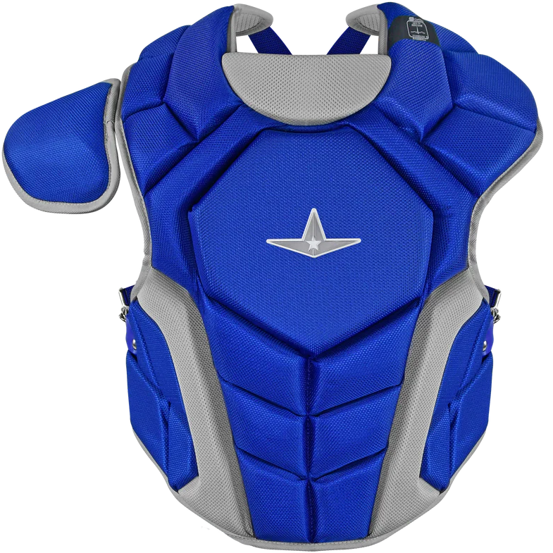 The All Star Top Star Catcher's Chest Protector: CPCC-TS is a blue and gray padded chest protector with shoulder guard and center star logo, designed for sports safety and ideal for any travel ball catcher.