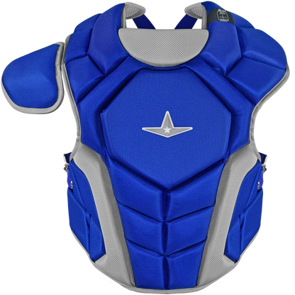 The All Star Top Star Catcher's Chest Protector: CPCC-TS is a blue and gray padded chest protector with shoulder guard and center star logo, designed for sports safety and ideal for any travel ball catcher.