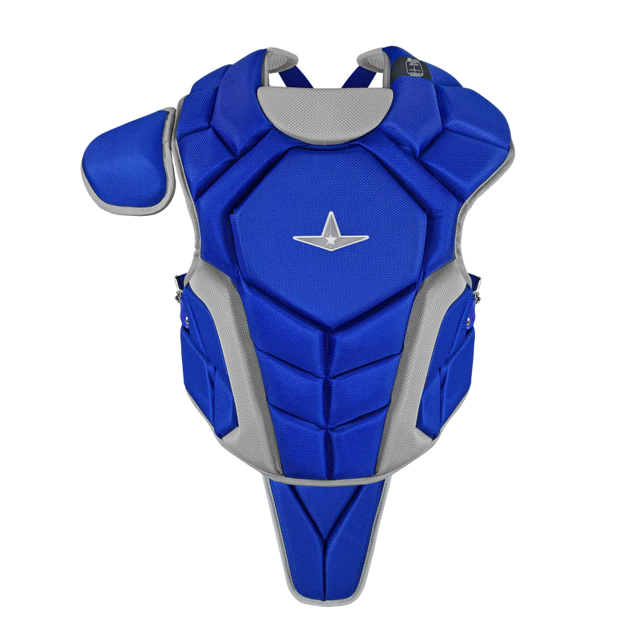 The All Star Top Star Catcher's Chest Protector (CPCC-TS) by All Star, shown in blue and gray with shoulder padding, meets NOCSAE standards—ideal for travel ball catchers and displayed against a white background.