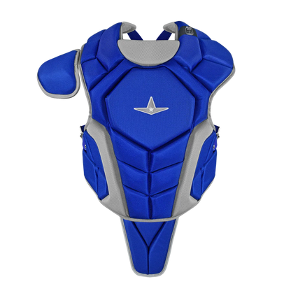 The All Star Top Star Catcher's Chest Protector (CPCC-TS) by All Star, shown in blue and gray with shoulder padding, meets NOCSAE standards—ideal for travel ball catchers and displayed against a white background.