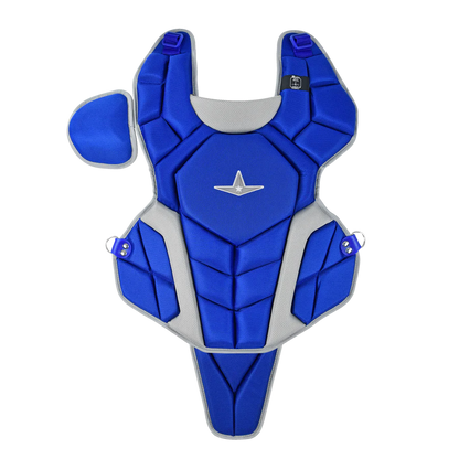 The All Star Top Star Catcher's Chest Protector: CPCC-TS by All Star features blue and grey colors and is designed for travel ball catchers, providing reliable comfort and protection.