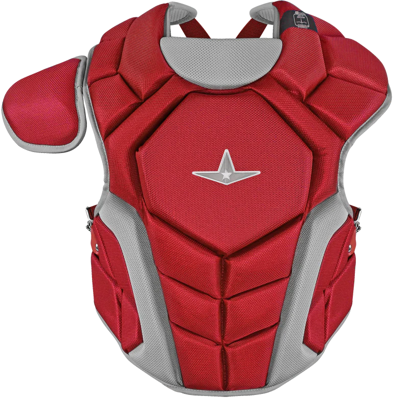 The All Star Top Star Catcher's Chest Protector: CPCC-TS features red and gray padded segments, a left-side shoulder guard, and a center silver star logo. This All Star gear meets NOCSAE safety standards—ideal for travel ball catchers.