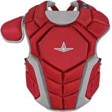 The All Star Top Star Catcher's Chest Protector: CPCC-TS features red and gray padded segments, a left-side shoulder guard, and a center silver star logo. This All Star gear meets NOCSAE safety standards—ideal for travel ball catchers.