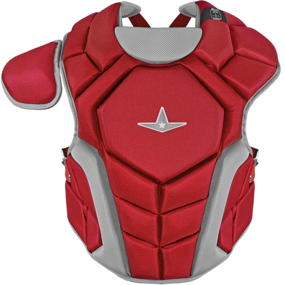 The All Star Top Star Catcher's Chest Protector: CPCC-TS features red and gray padded segments, a left-side shoulder guard, and a center silver star logo. This All Star gear meets NOCSAE safety standards—ideal for travel ball catchers.